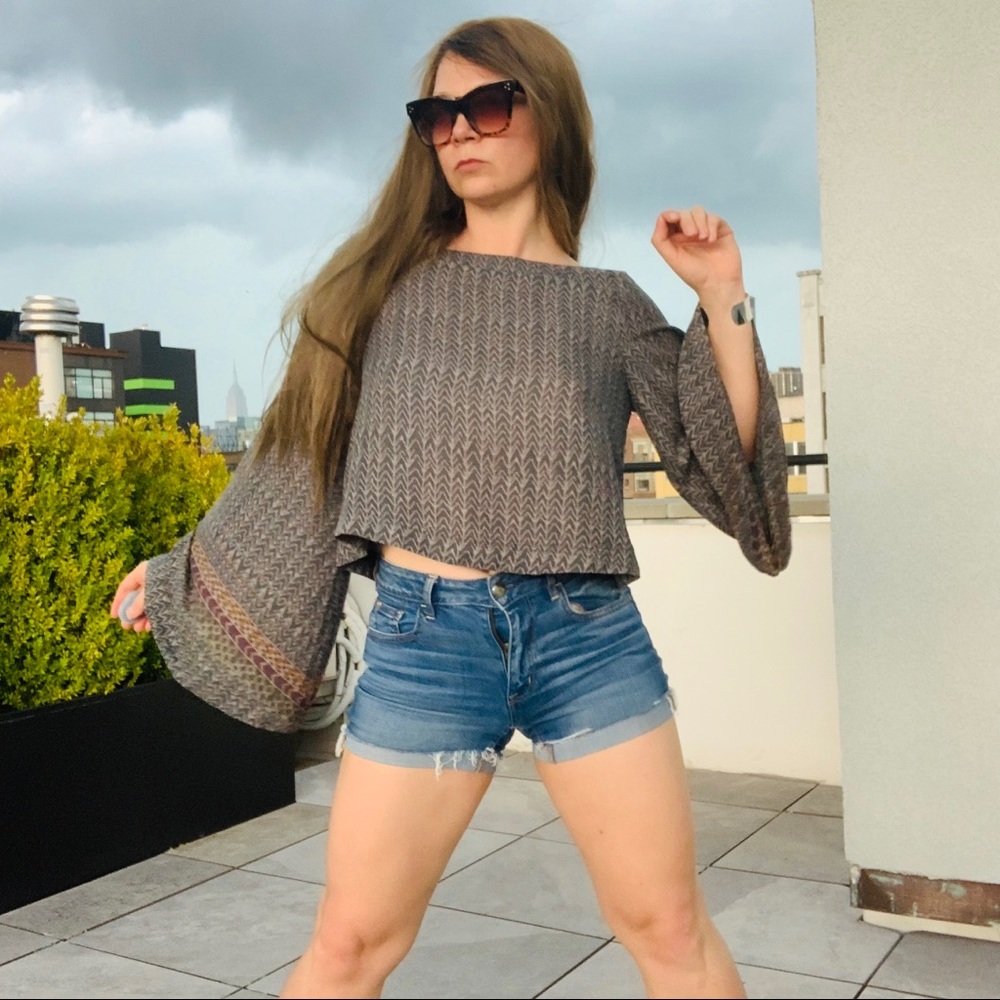 Free People Geometric Abstract Chevron Boatneck Statement Flare Bell Sleeve Top - Picture 14 of 16
